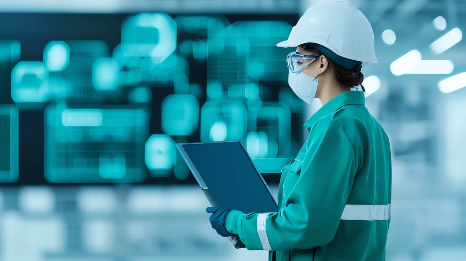 Woman in safety gear using tablet