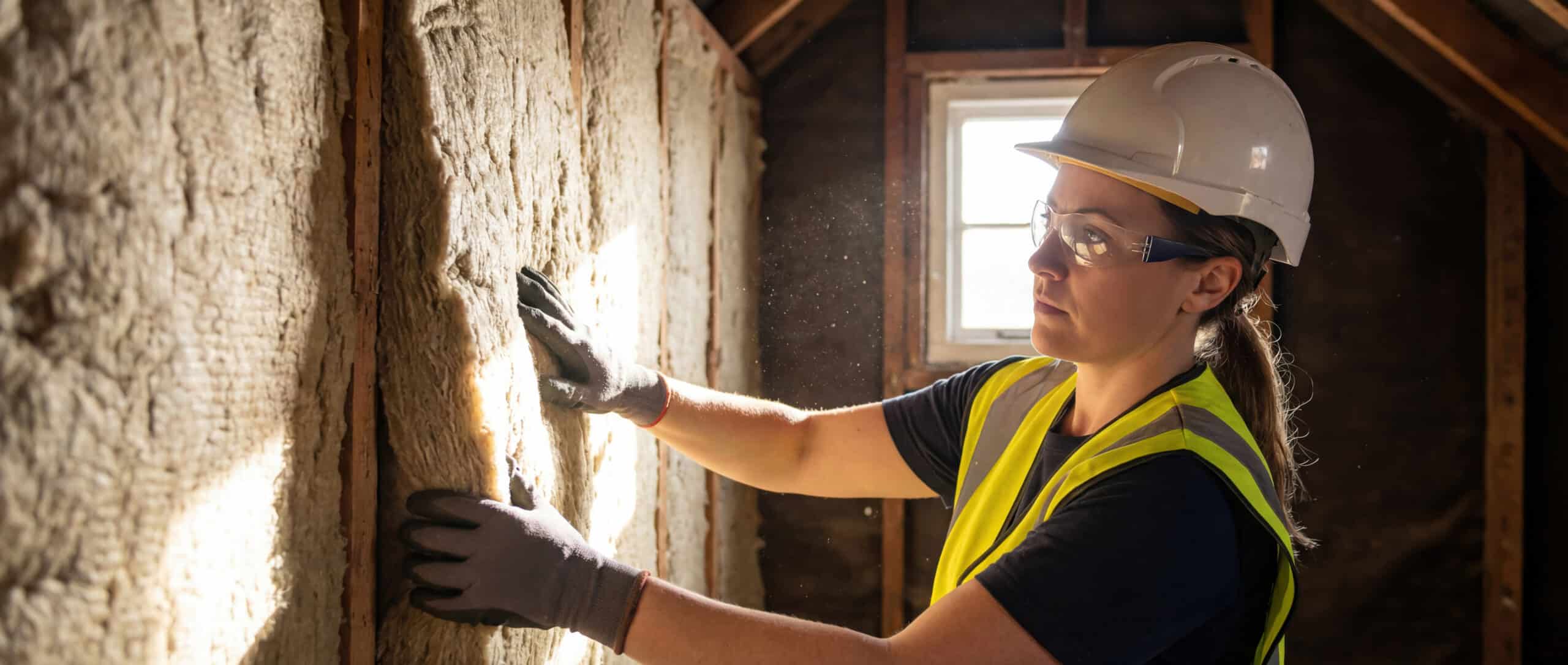 Woman insulating a wall in construction
