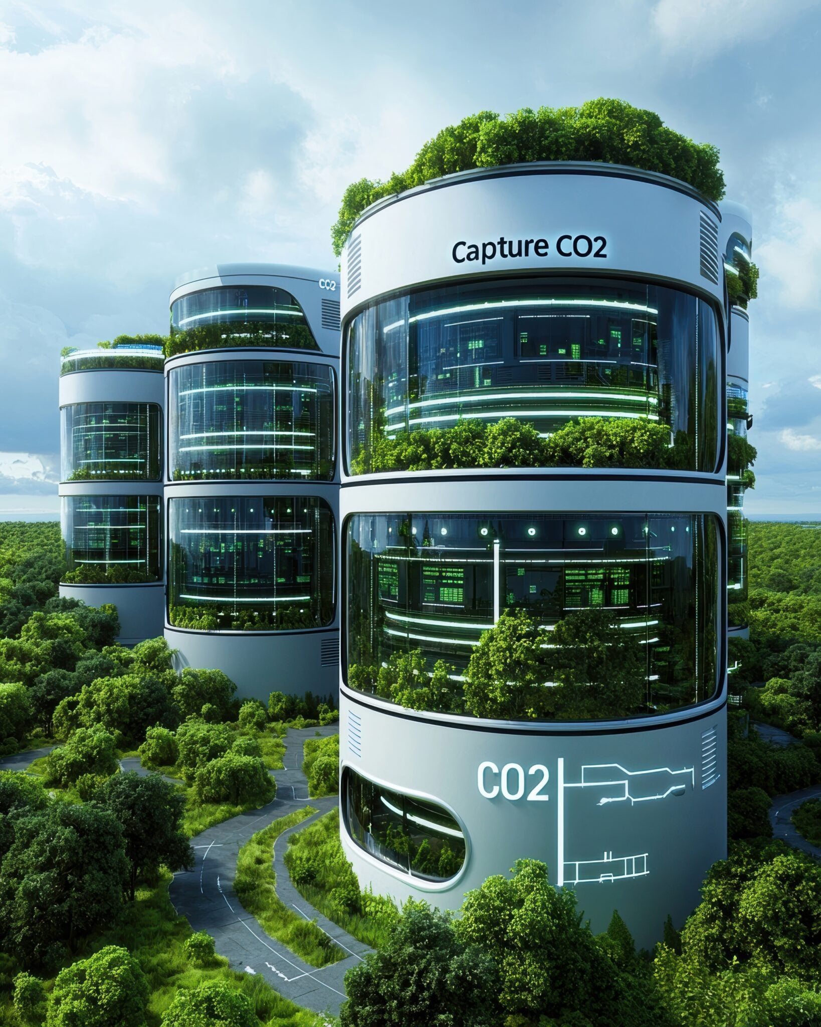 Futuristic buildings with greenery and technology