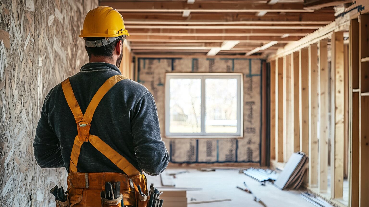 Construction worker observing unfinished room