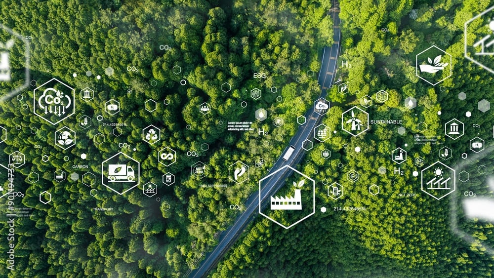 Road through forest with sustainability icons