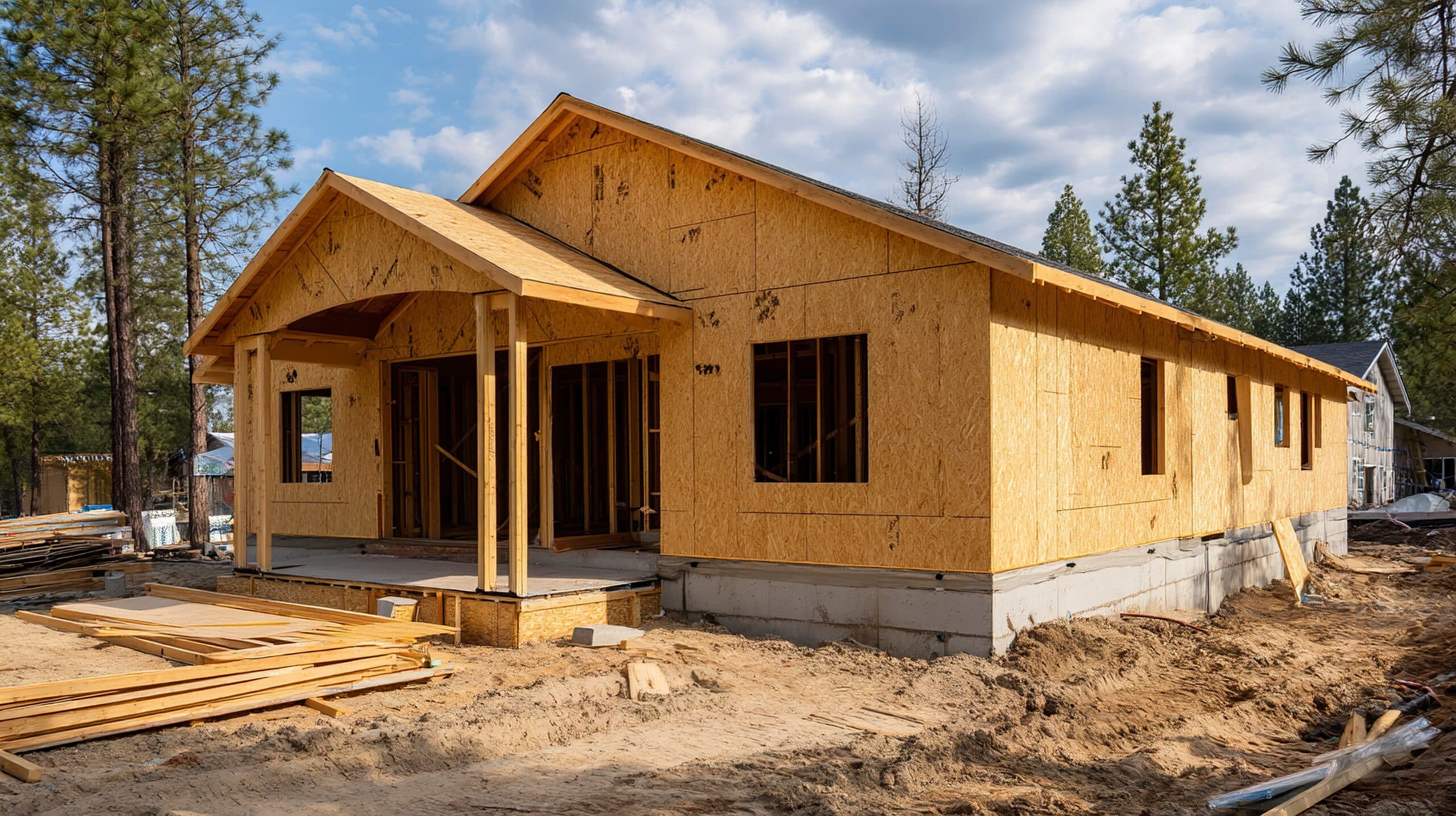 New house under construction with wood